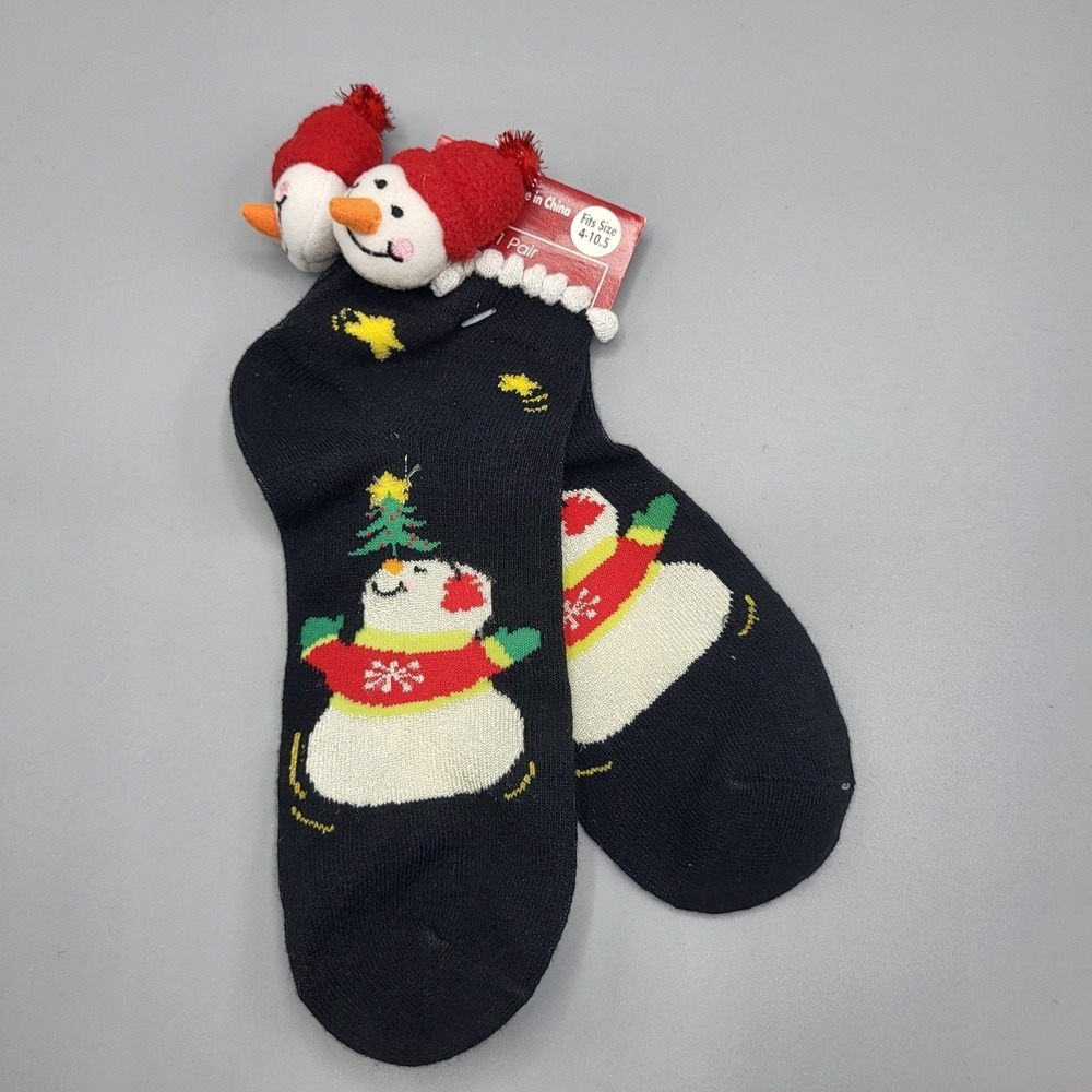 Snowman Christmas Socks Womens 4-10.5 3D Plush Head Snowman Holiday Black